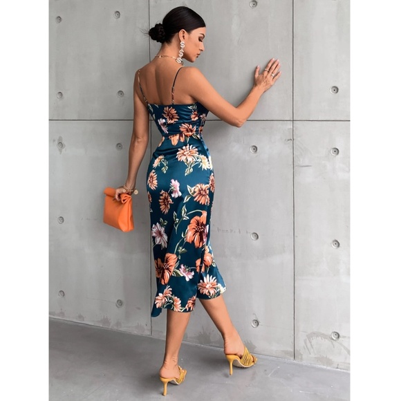 Floral Print Cowl Neckline Cami Satin Midi Dress in Dark Teal Leg Slit - Picture 4 of 8